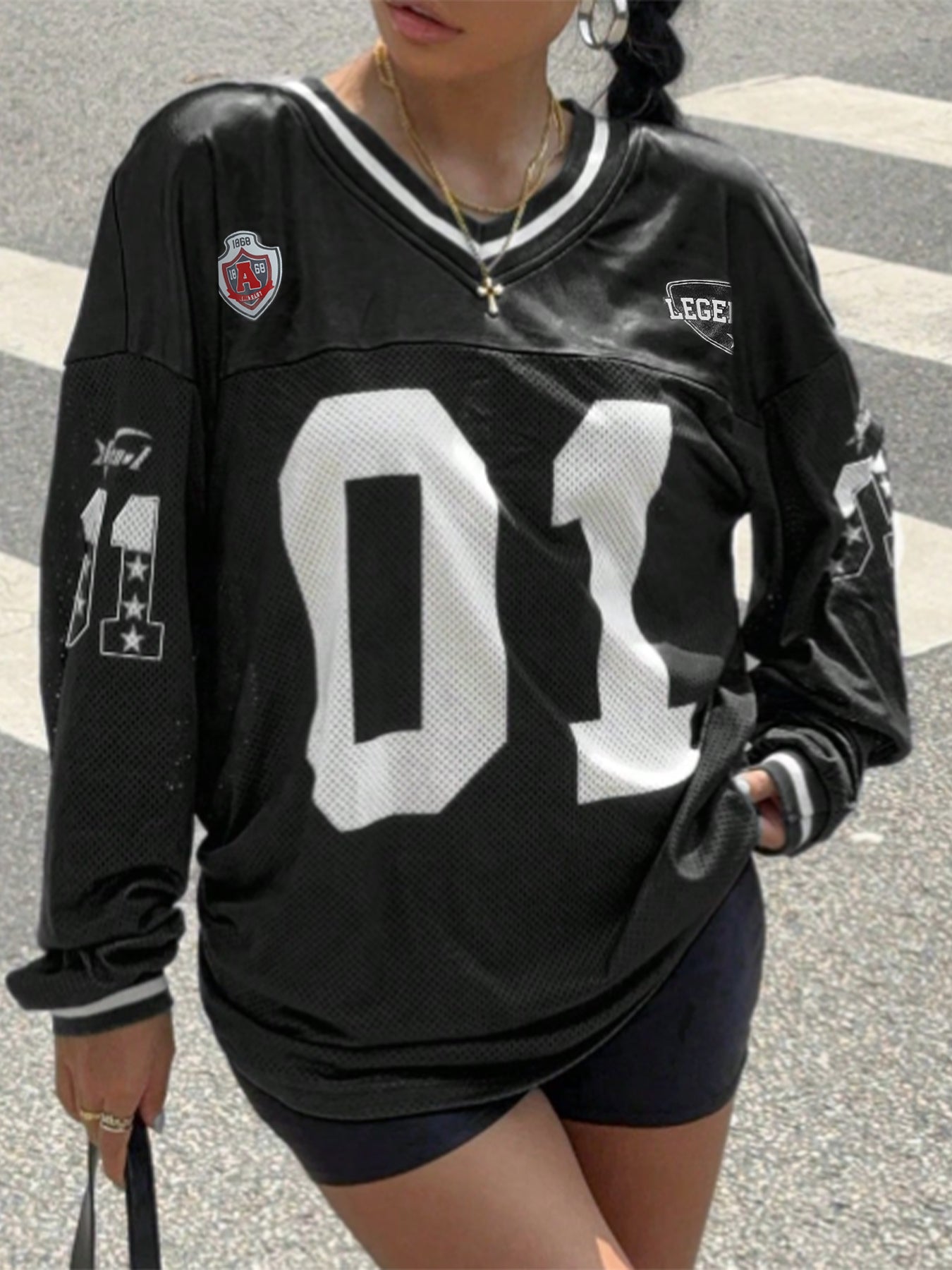 Y2K Soccer Jersey Top - Digital Print V-Neck Long Sleeve Pullover for Girls