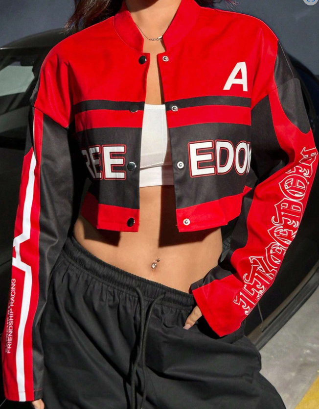 Y2K Digital Print Motocross Jacket - Cropped Streetwear Jacket w/ Distressed Letter Sleeves