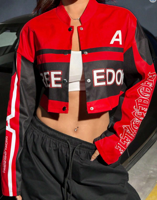 Y2K Digital Print Motocross Jacket - Cropped Streetwear Jacket w/ Distressed Letter Sleeves