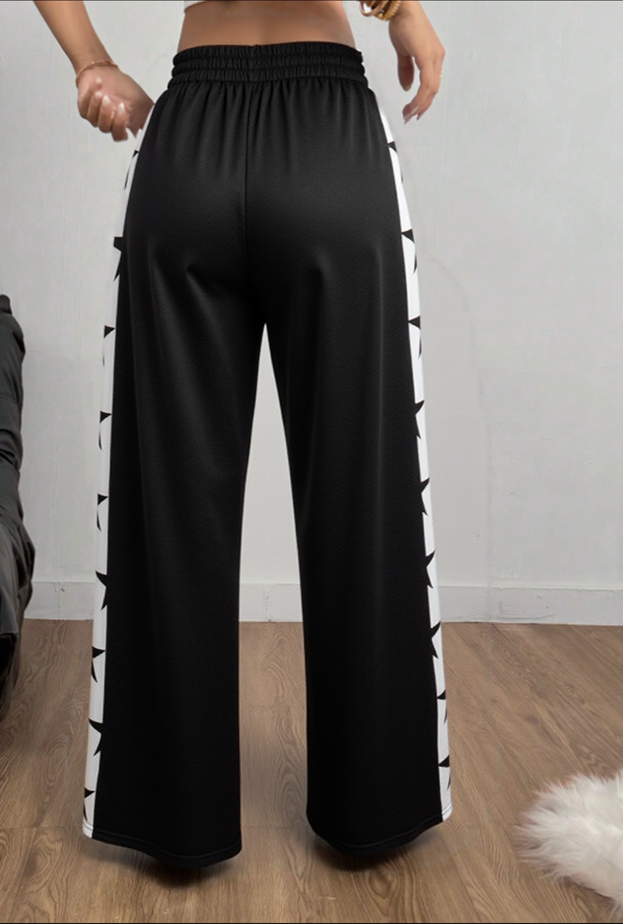 Y2K Star Print Joggers - Solid Color Drawstring Pants w/ Side Star Graphics & Tapered Leg