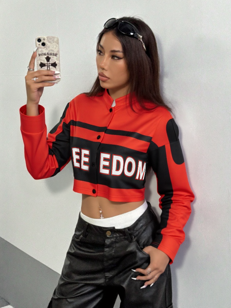 Y2K Digital Print Motocross Jacket - Cropped Streetwear Jacket w/ Distressed Letter Sleeves