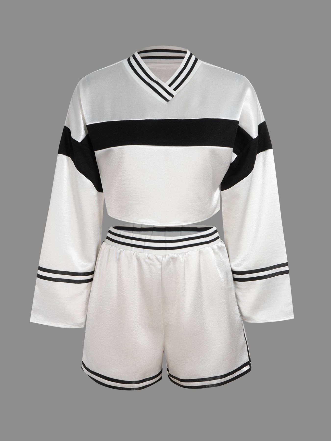 Y2K Ribbed V-Neck Coord Set - Solid Color Sporty Crop Top & Shorts for Women