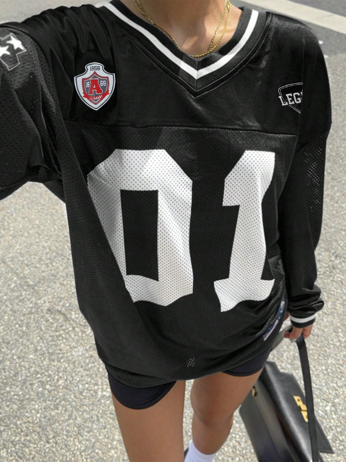 Y2K Soccer Jersey Top - Digital Print V-Neck Long Sleeve Pullover for Girls