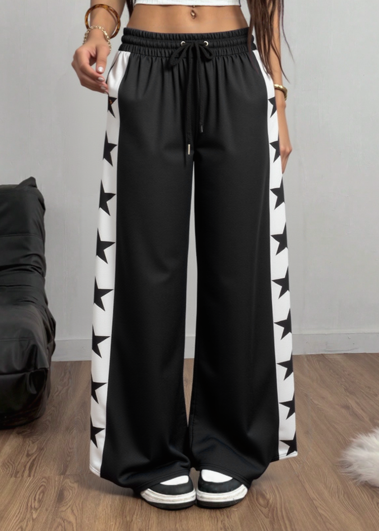 Y2K Star Print Joggers - Solid Color Drawstring Pants w/ Side Star Graphics & Tapered Leg