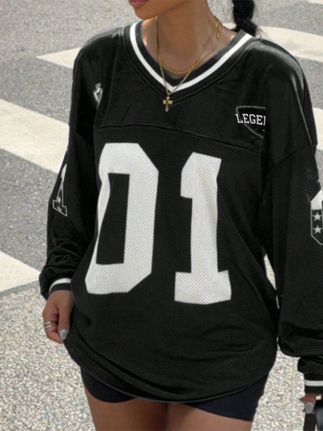 Y2K Soccer Jersey Top - Digital Print V-Neck Long Sleeve Pullover for Girls
