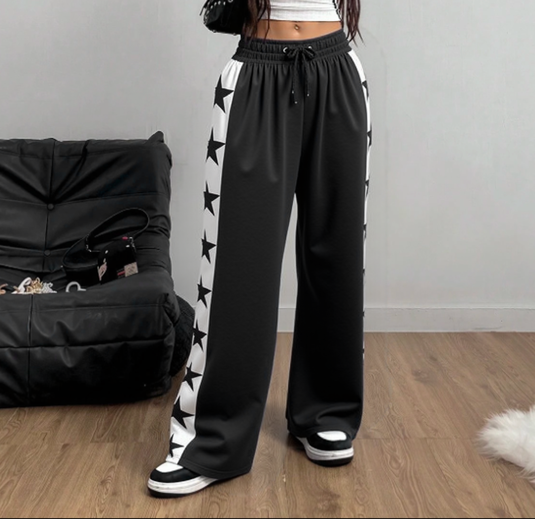 Y2K Star Print Joggers - Solid Color Drawstring Pants w/ Side Star Graphics & Tapered Leg