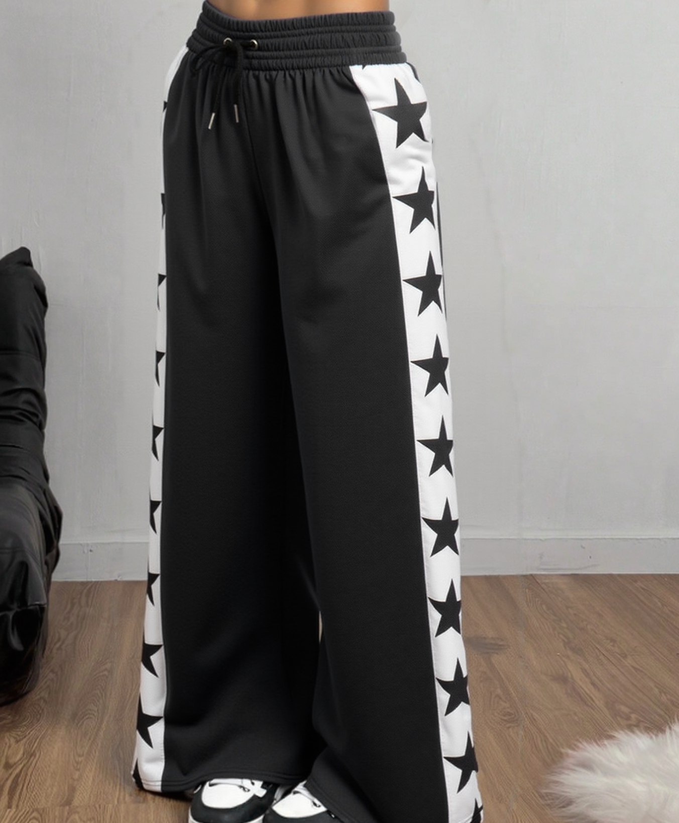 Y2K Star Print Joggers - Solid Color Drawstring Pants w/ Side Star Graphics & Tapered Leg