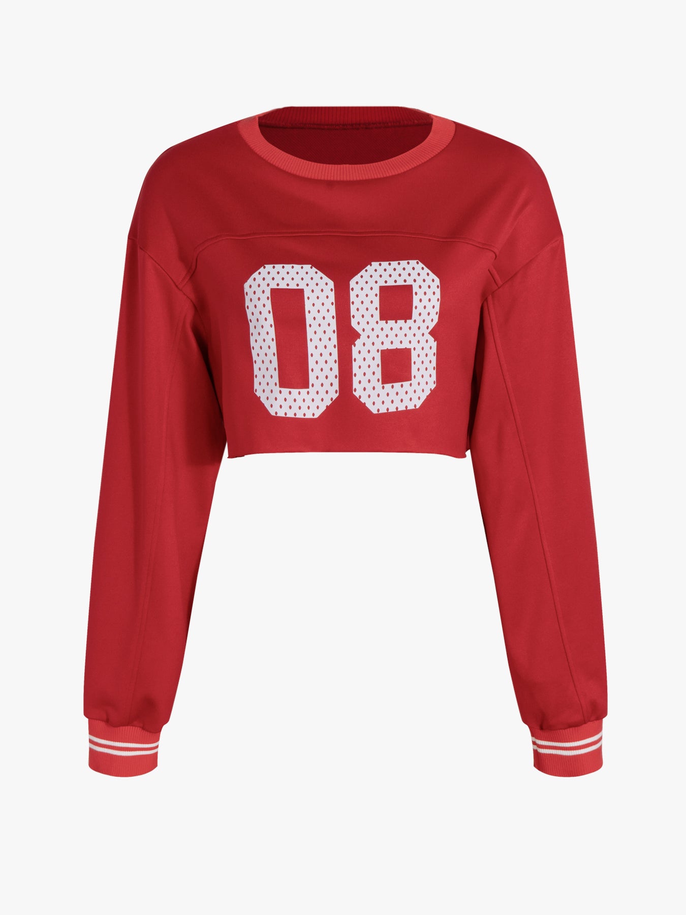 Y2K Red Number Crop Hoodie - Ribbed Sleeve Preppy Sport Top w/ Digital Print