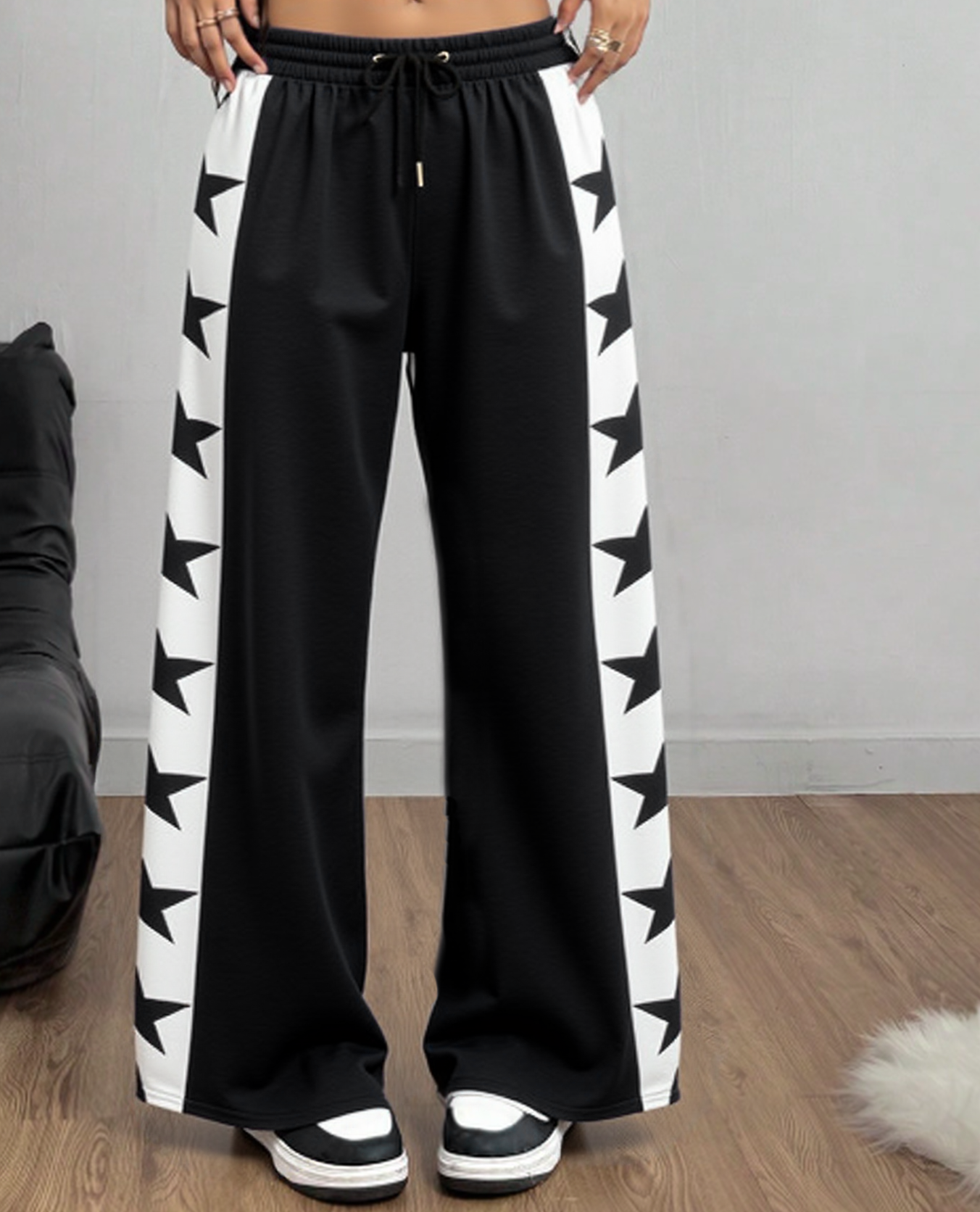 Y2K Star Print Joggers - Solid Color Drawstring Pants w/ Side Star Graphics & Tapered Leg