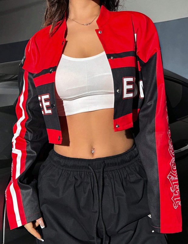 Y2K Digital Print Motocross Jacket - Cropped Streetwear Jacket w/ Distressed Letter Sleeves